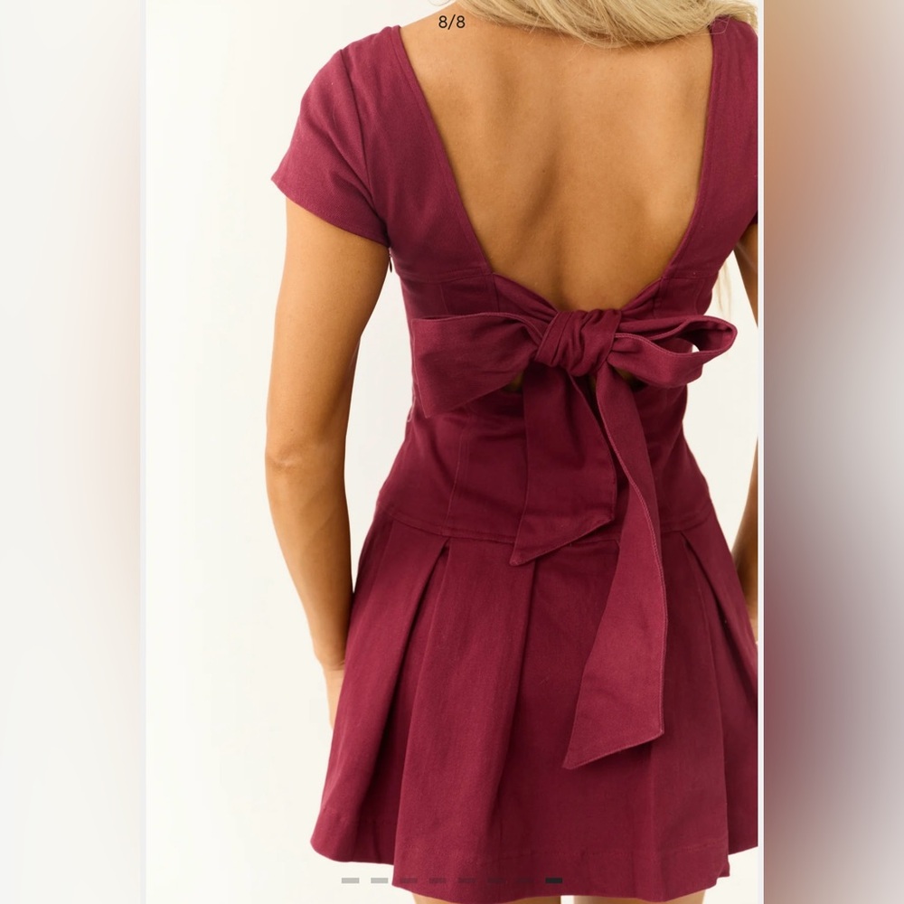 Wine Open Back Pleated Skirt Mini Dress